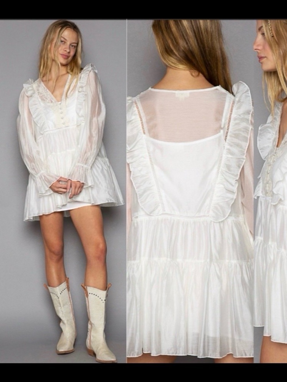 Pol White Ruffled Lace V-Neck Women’s Dress